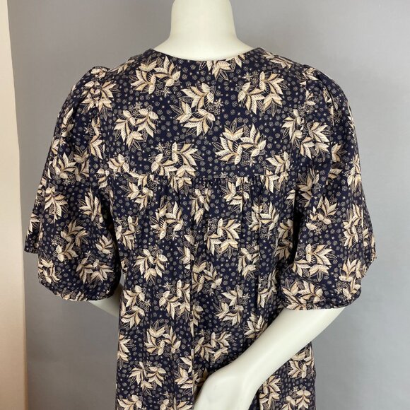 Handmade Muumuu Dress Leafy Floral Print Button-Up Ruffle Hem Purple Cream Women - Picture 6 of 11